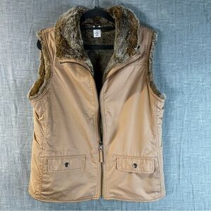 Gap Reversible Faux Fur Vest Tan Cotton Shell Zip Pockets Holiday 2005 Women's M